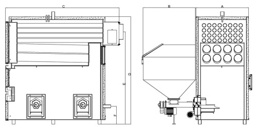 Схема промышленного пеллетного котла Heiztechnik Q BIO. Размеры