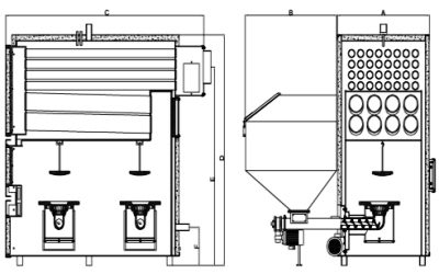 Схема промышленного автоматического котла Heiztechnik Q Eko. Размеры